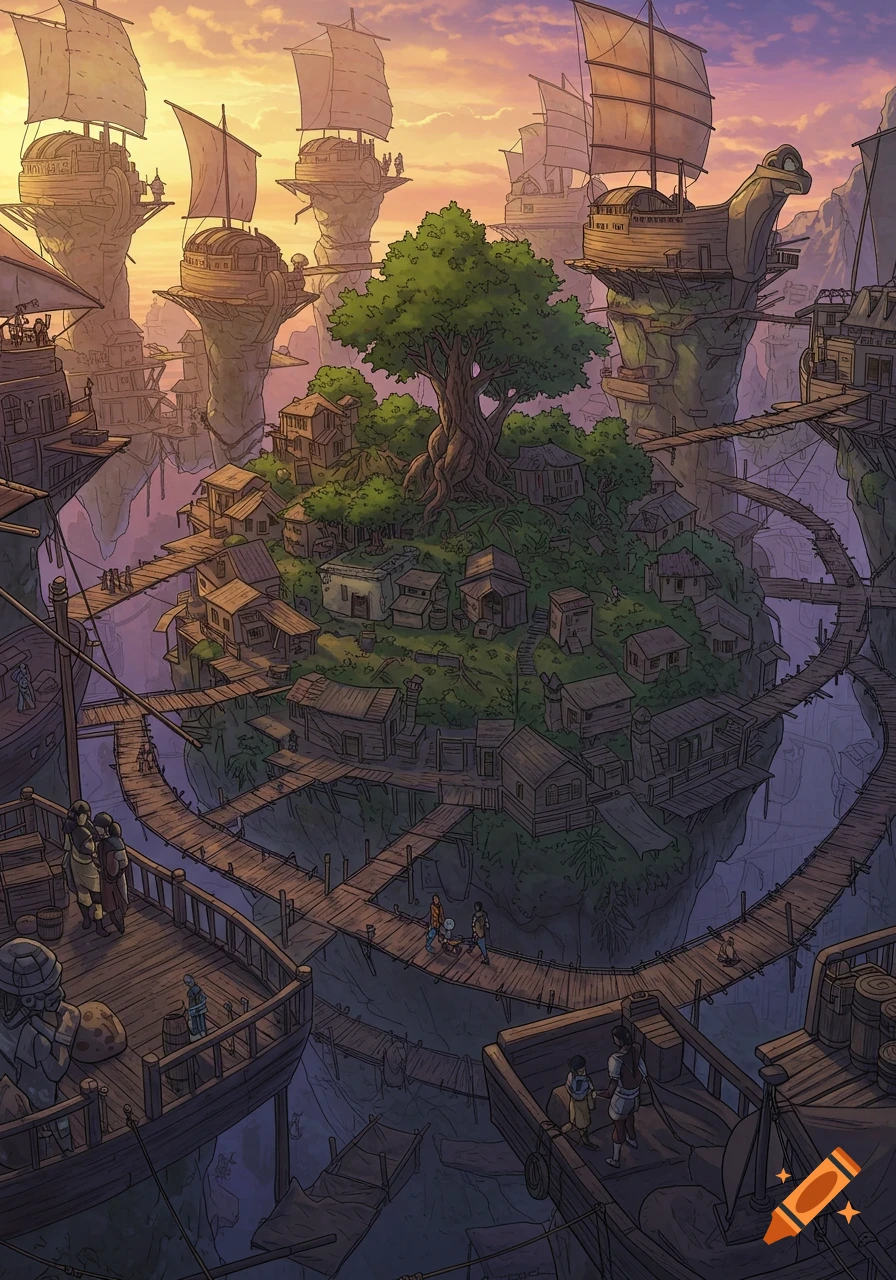 A vibrant anime-style fantasy cityscape of ships docked around a central jungle island, connected by bridges at sunset.