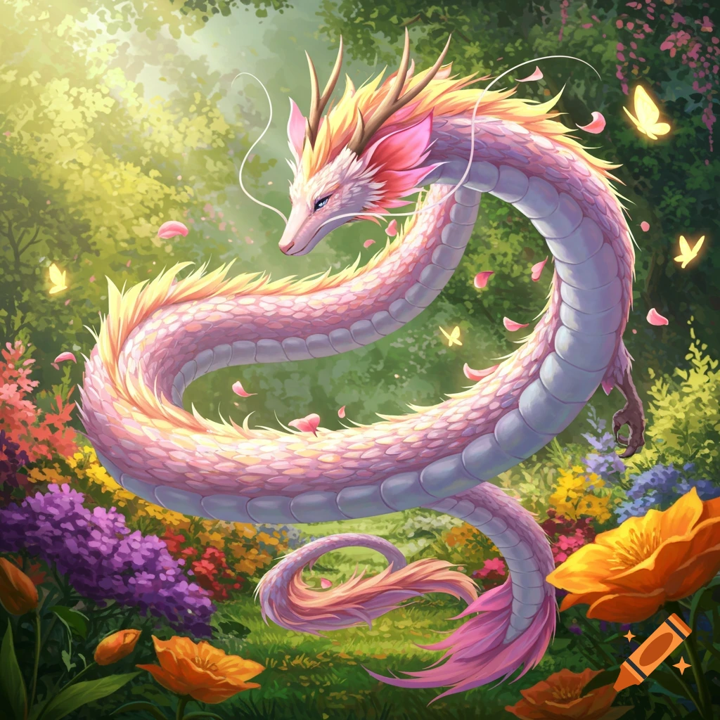 A graceful pink and white anime-style fantasy dragon hovers in a lush, vibrant garden filled with flowers, falling petals, and glowing butterflies.