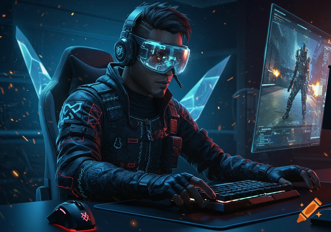 A male gamer with VR goggles and a headset plays a futuristic game on a glowing screen, in a dark, cyberpunk setting.