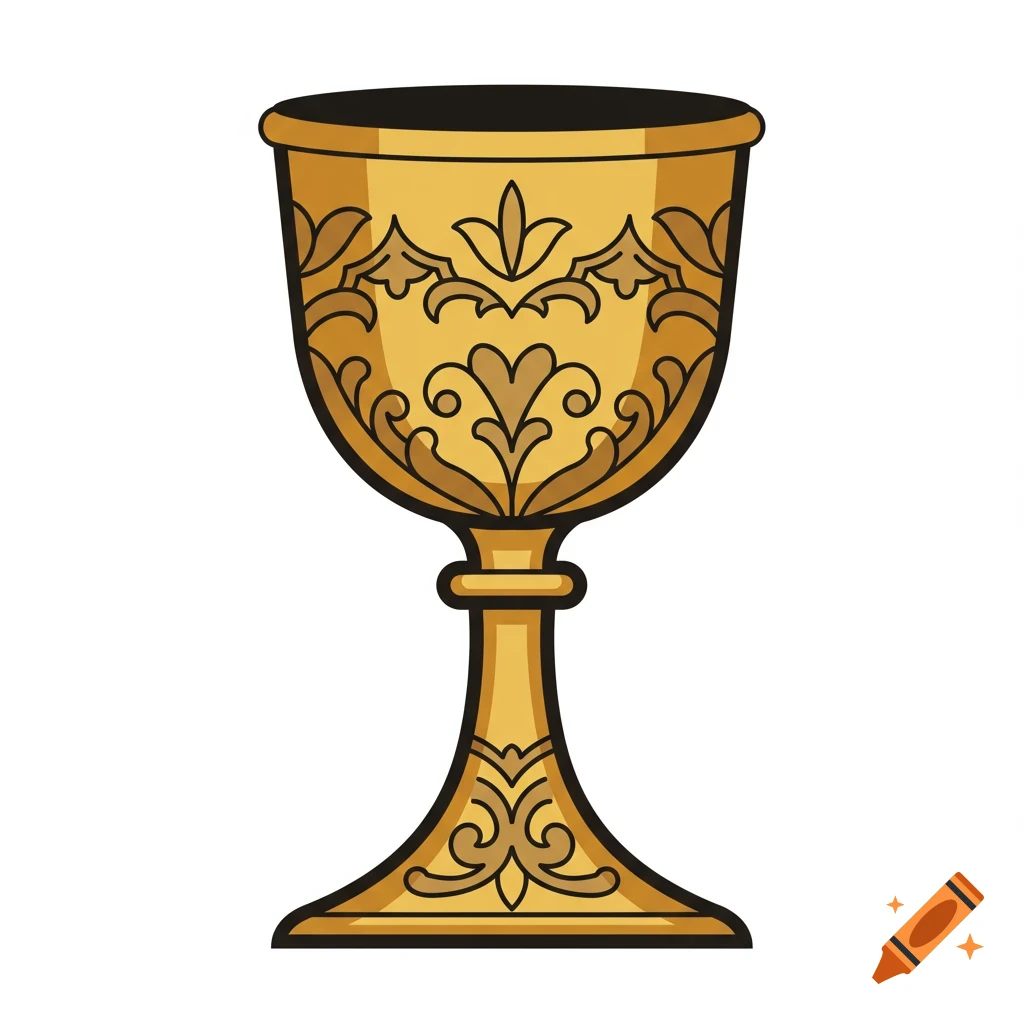 A golden chalice with ornate, dark brown filigree designs on a white background, in a cartoon style.