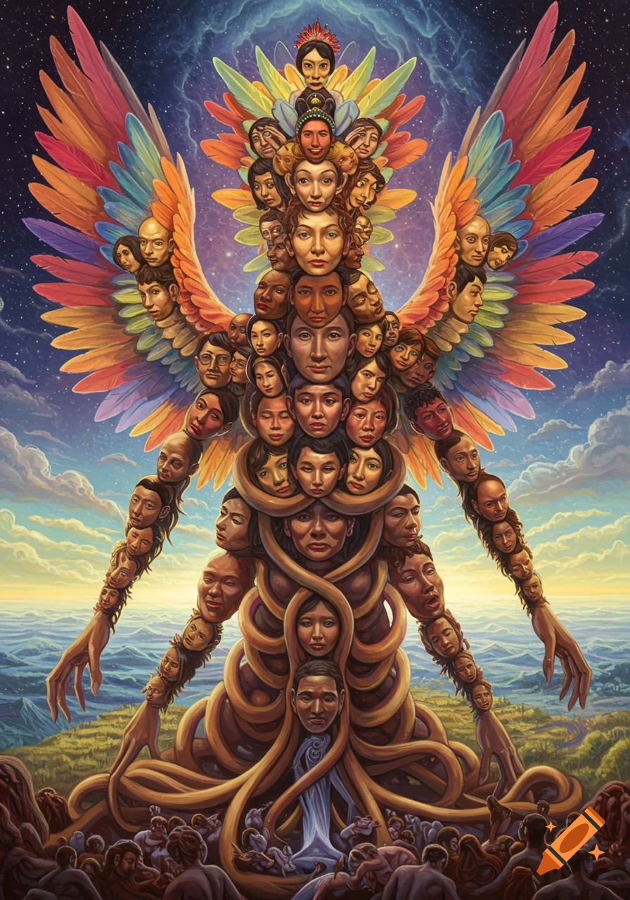 A surreal angelic figure with rainbow wings, formed by hundreds of diverse human faces and intertwined bodies resembling vines, standing over a crowd.