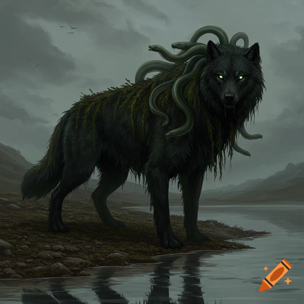 Dark fantasy art of a black wolf-like creature with glowing eyes, a mane of snakes, and weed-tangled fur, standing by a misty lake.