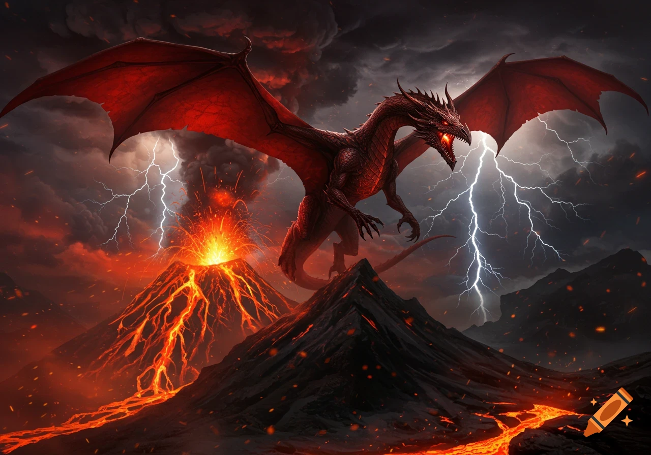 A dramatic red dragon with large wings flies over an erupting volcano with glowing lava and lightning in a dark, stormy sky.