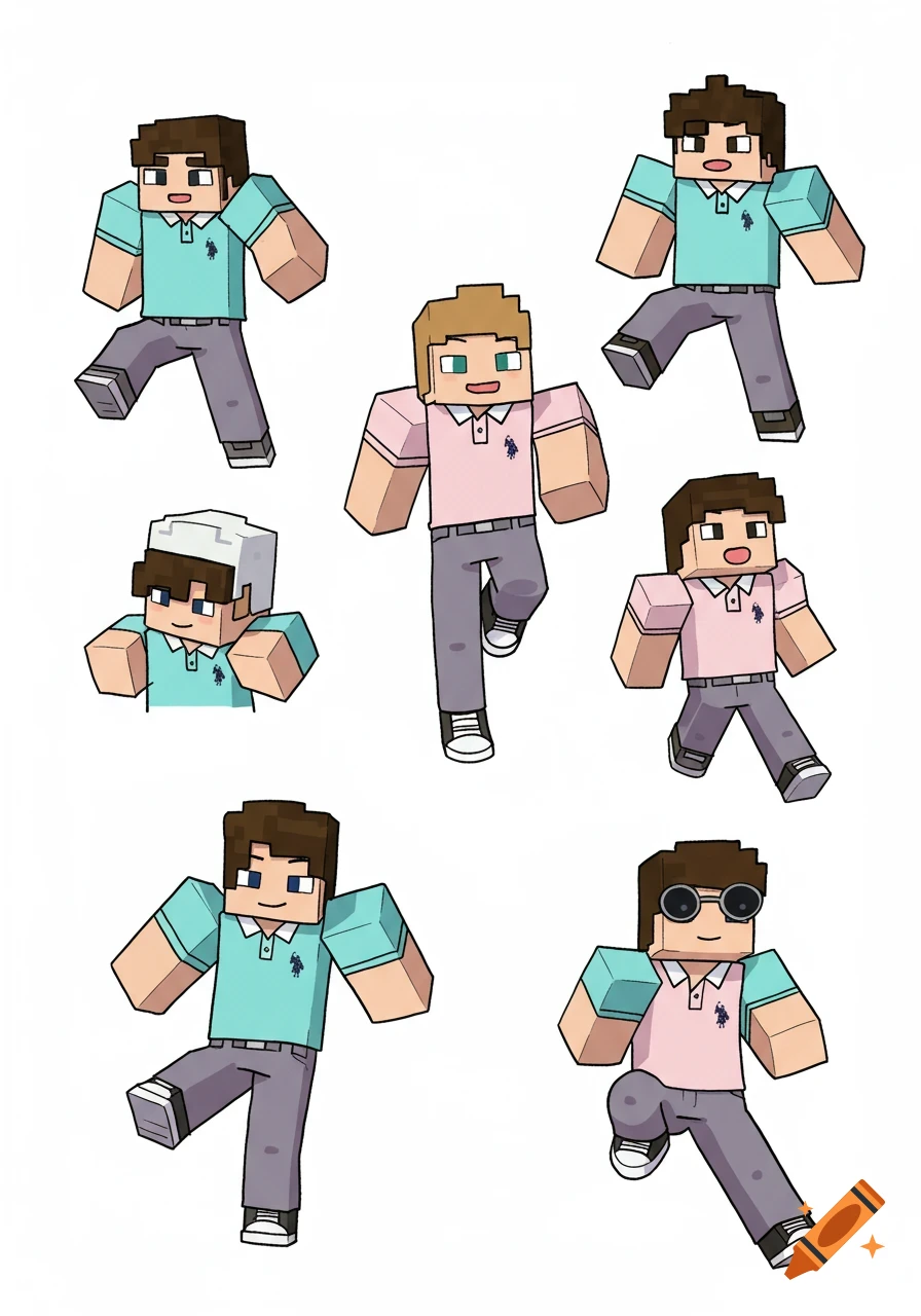 Cartoon Minecraft characters in pastel polo shirts and casual pants, some wearing sunglasses, posing on a white background.