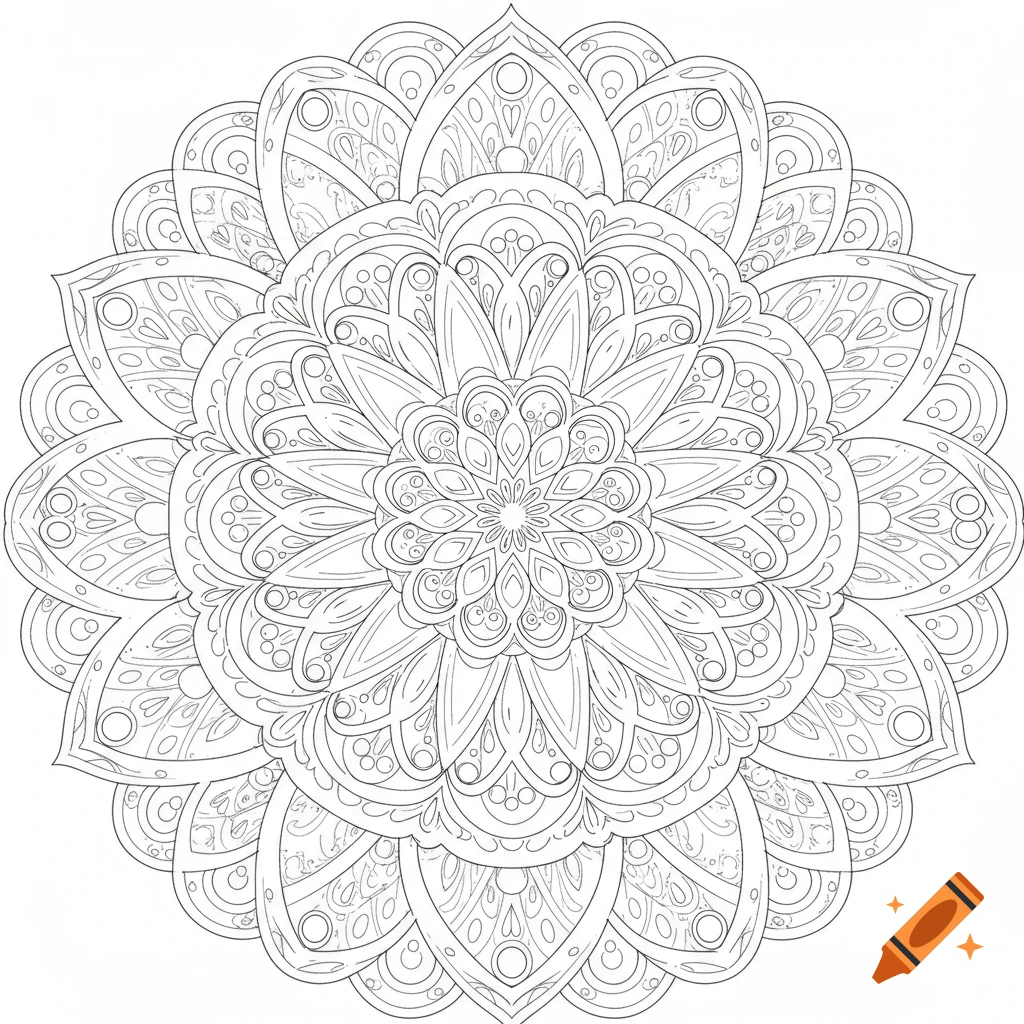 Highly detailed symmetrical black and white mandala line art coloring page.