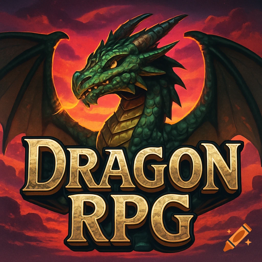 A stylized green dragon with wide wings, set against a fiery orange and red sky, with the gold text 'DRAGON RPG' below it.