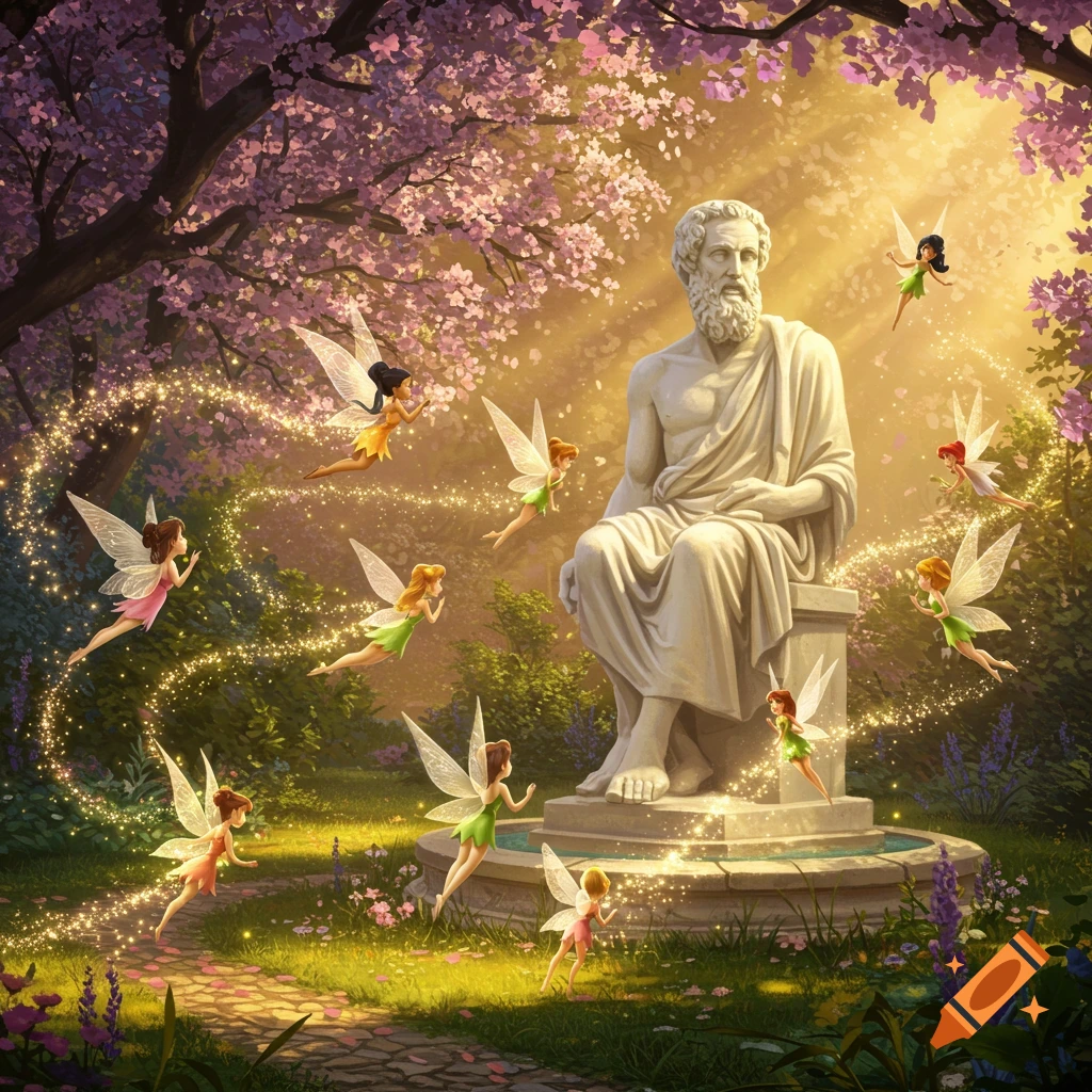 Tiny fairies with glowing trails fly around a classical statue of Homer in an enchanted garden with blooming pink trees.