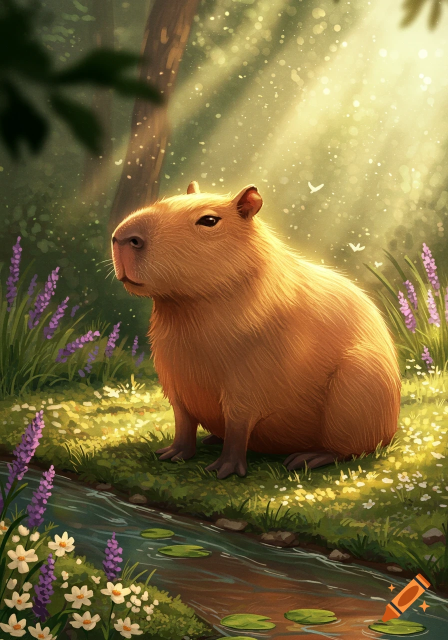 An artistic illustration of a cute capybara sitting by a stream with purple flowers in a sunlit forest.