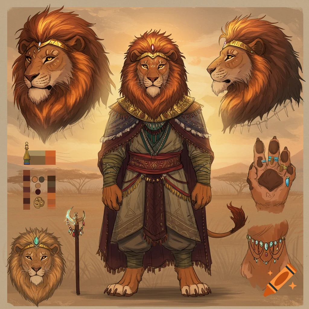 Detailed character sheet of an anthropomorphic lion king in royal attire, showing headshots, full body, and paw details.
