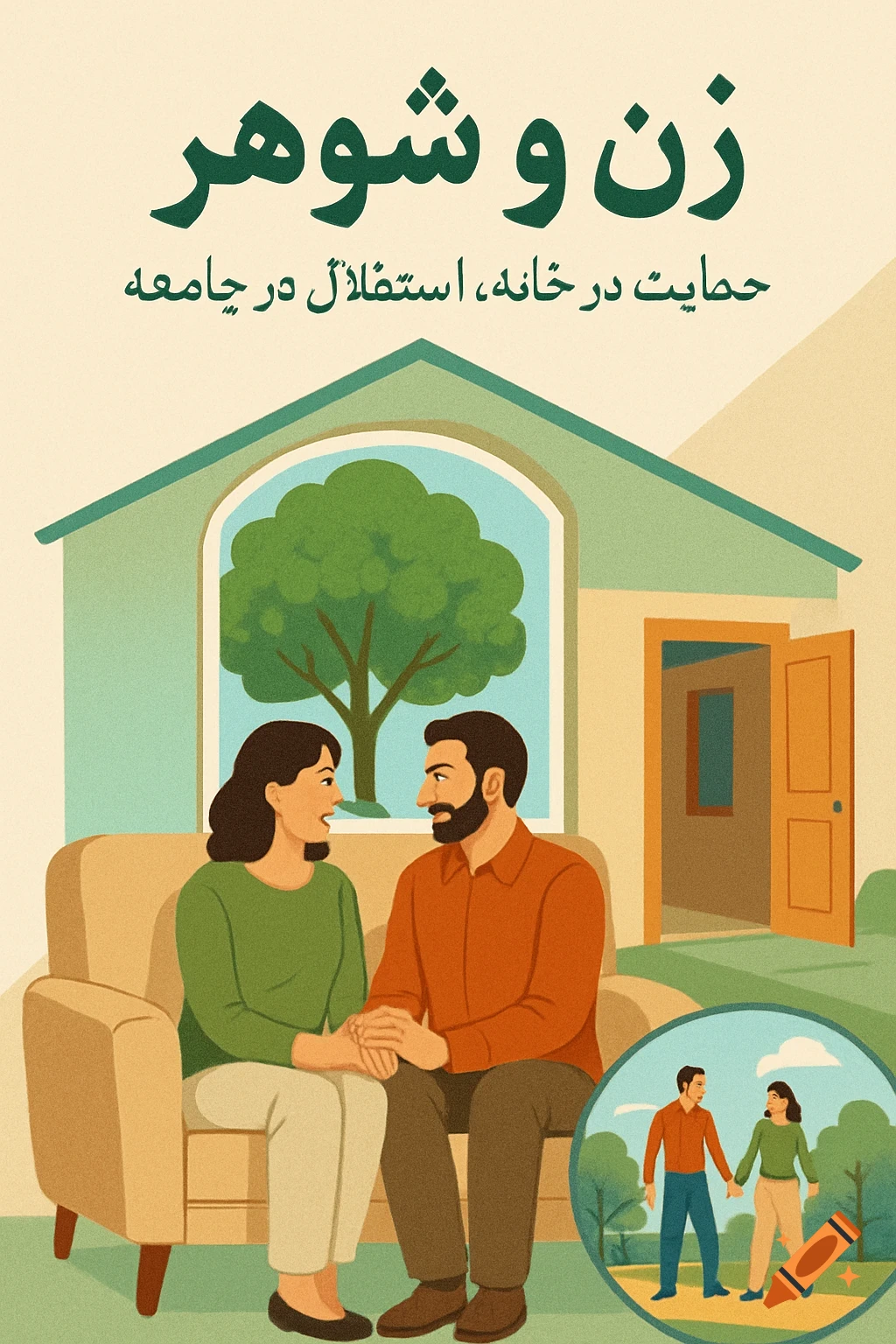 An illustration of a man and woman holding hands on a couch inside a house, with a small circular inset showing them walking outdoors.