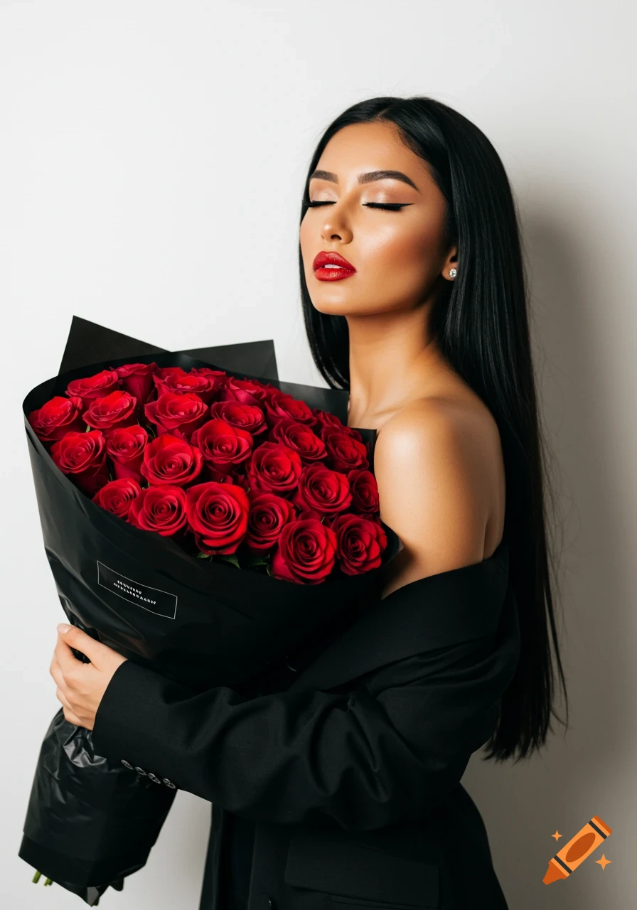 A stylish woman with dark hair and red lipstick holds a large bouquet of red roses wrapped in black paper.