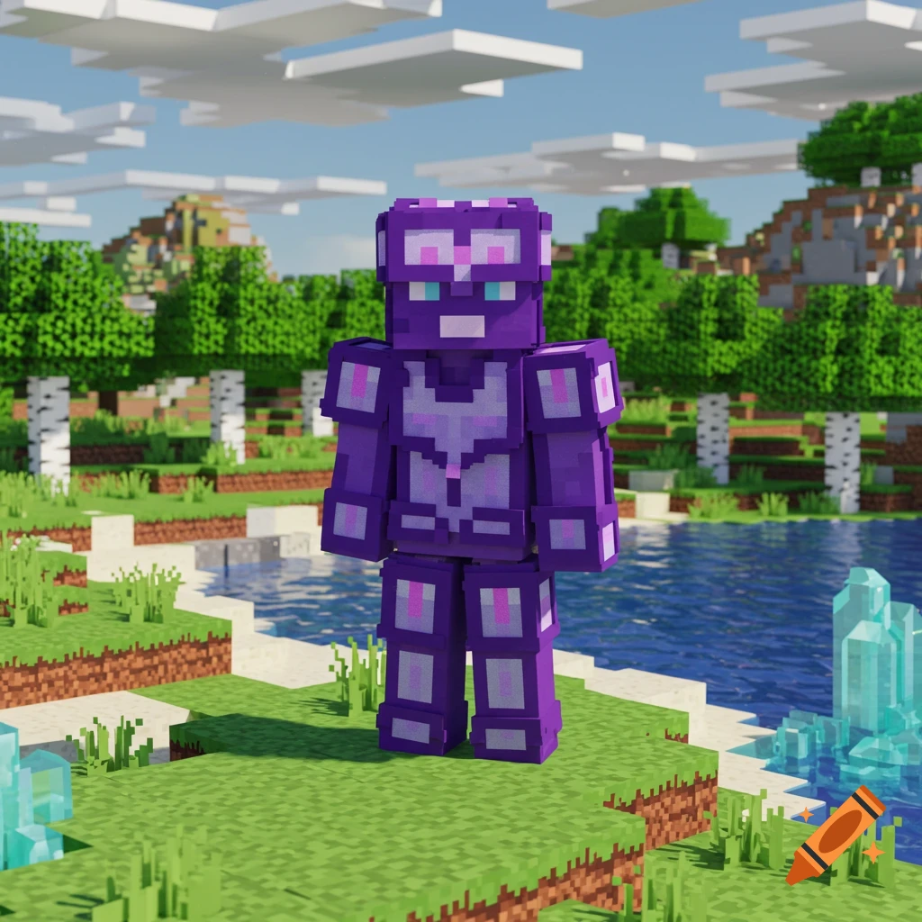 A purple Minecraft character stands in a blocky landscape with a river, trees, and clouds under a blue sky.