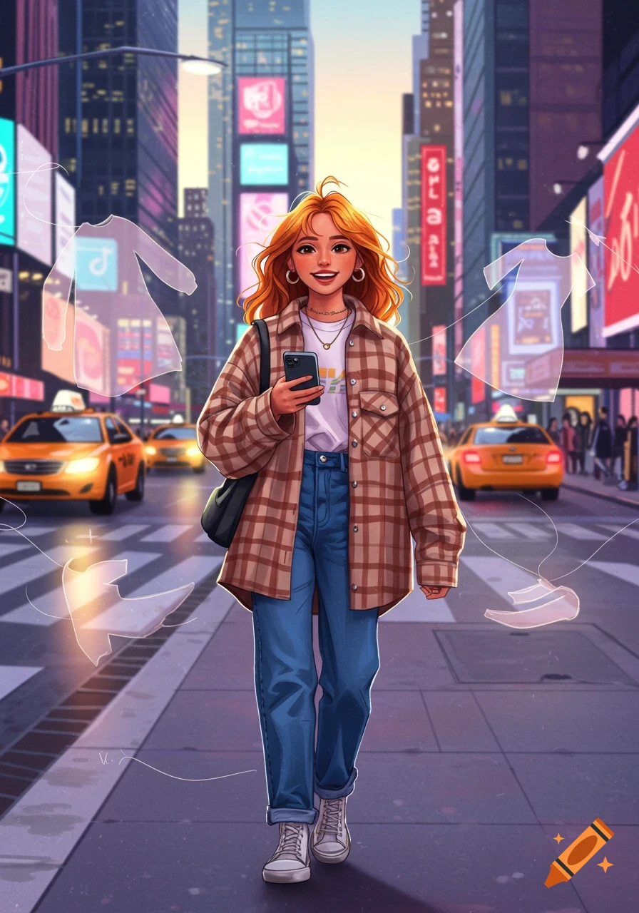 A smiling, red-haired woman in a plaid shirt and jeans walks down a city street, holding a phone, in an anime style illustration.