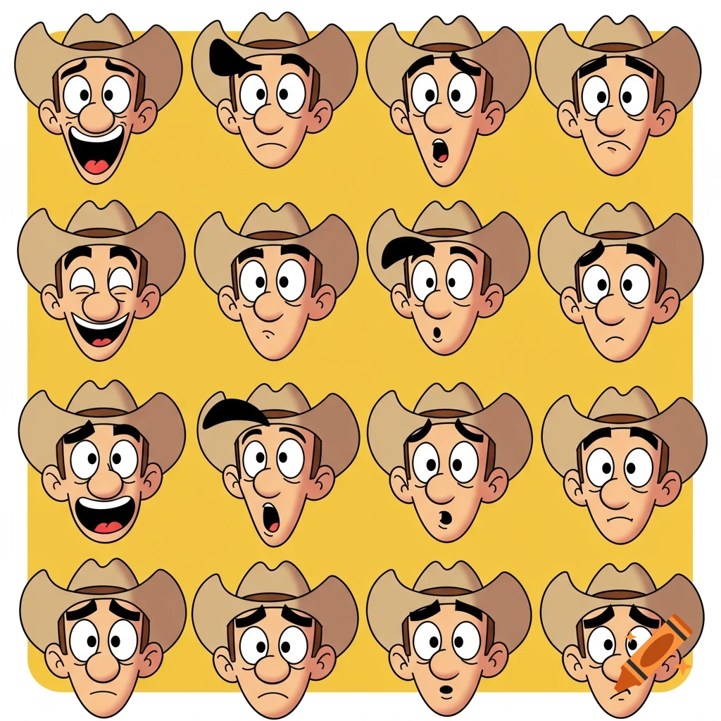 A grid of sixteen cartoon cowboy faces, all of the same character, displaying a variety of emotions from happy to sad, surprised, and confused.