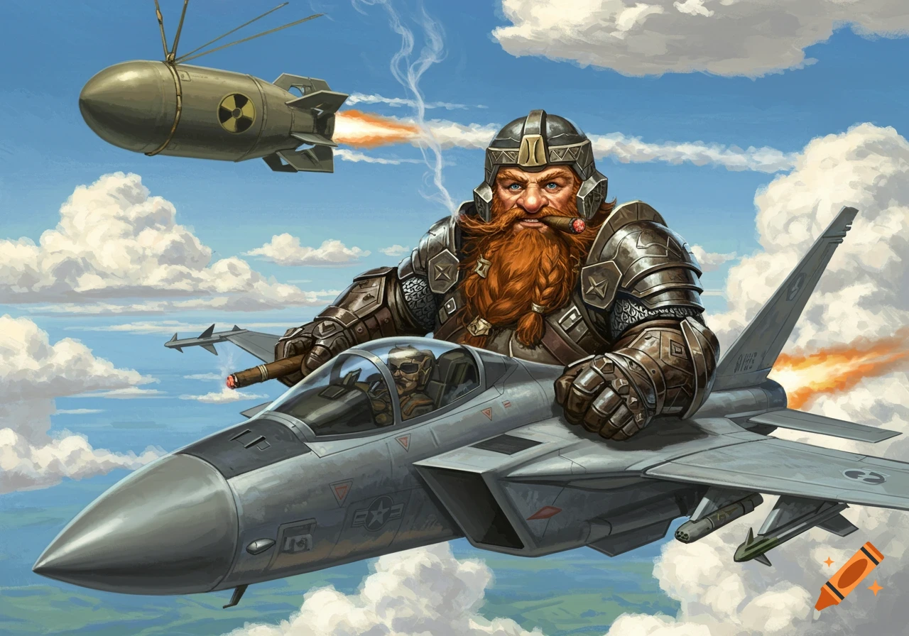 A fantasy dwarf with a red beard and armor pilots a fighter jet, smoking a cigar, with a nuclear bomb flying behind him in a cloudy sky.