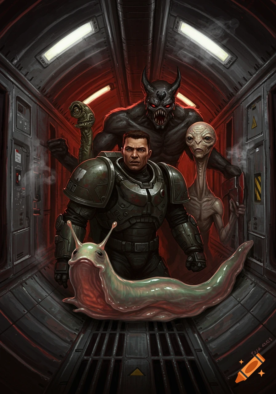 A space marine stands in a dark sci-fi corridor with a horned demon, a grey alien, a snake-like alien, and a giant slug.