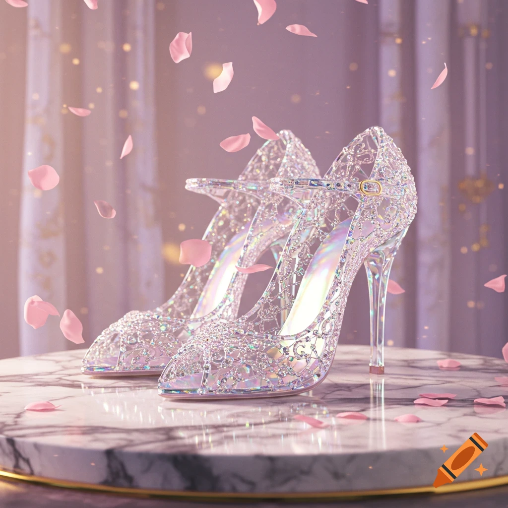 A pair of shimmering, crystal-like high-heeled shoes on a marble surface with pink petals falling around them, in a dreamy, soft light.
