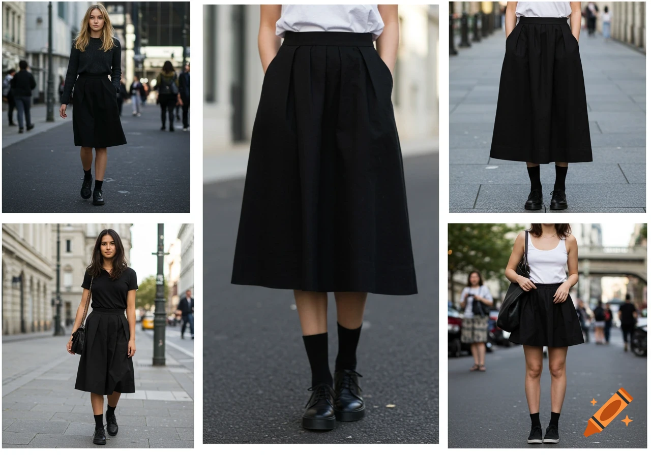 Five photorealistic images of women wearing casual black skirts in street style settings.