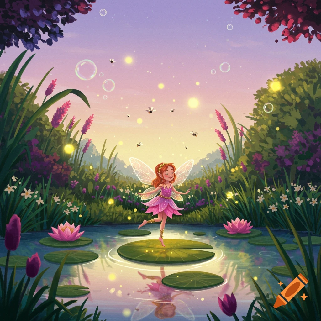 A whimsical fairy in a pink dress dances on a lily pad in a magical pond at sunset, surrounded by flowers, glowing fireflies, and bubbles.