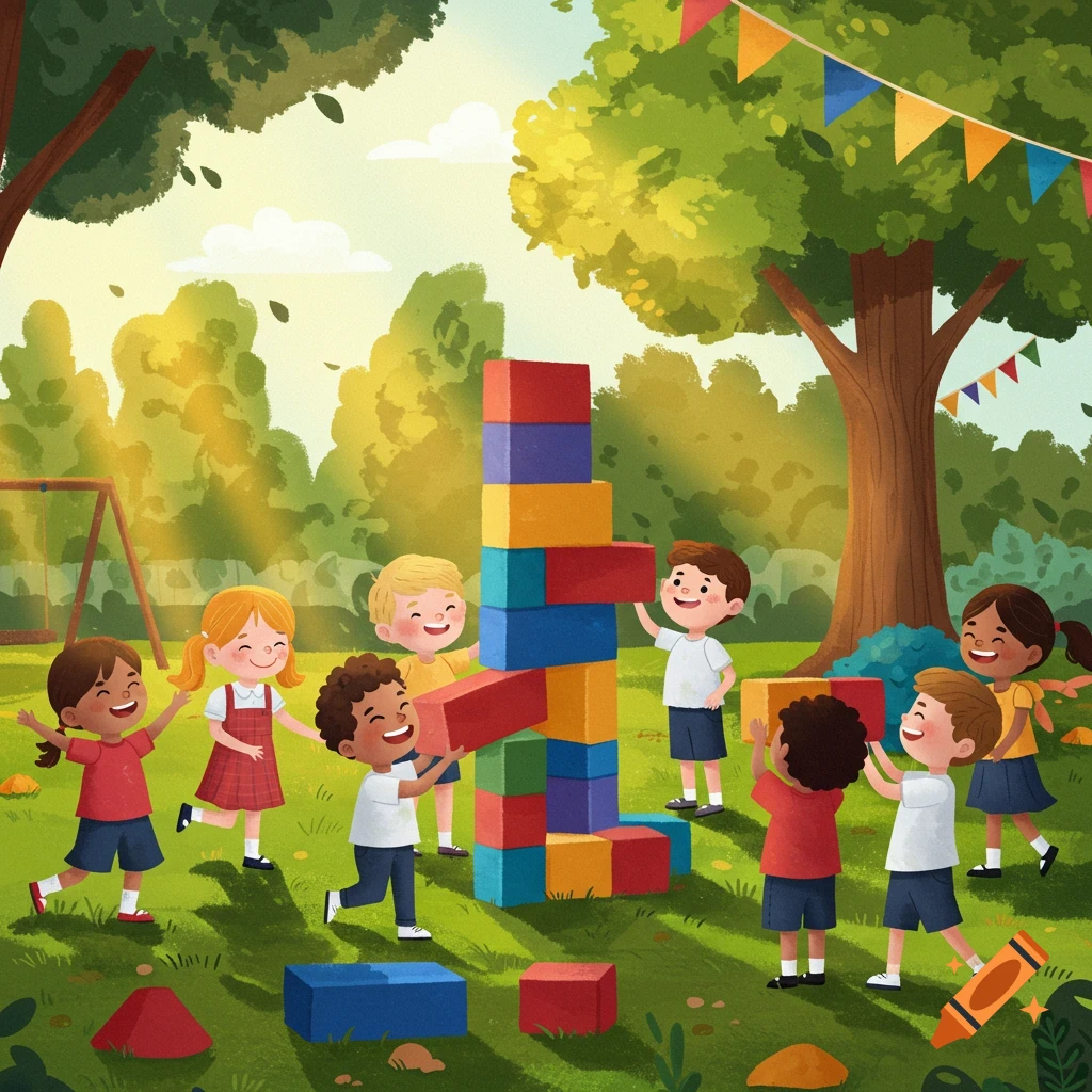 Diverse children in a sunny park collaborate to build a tall tower with colorful blocks, in a vibrant illustration style.