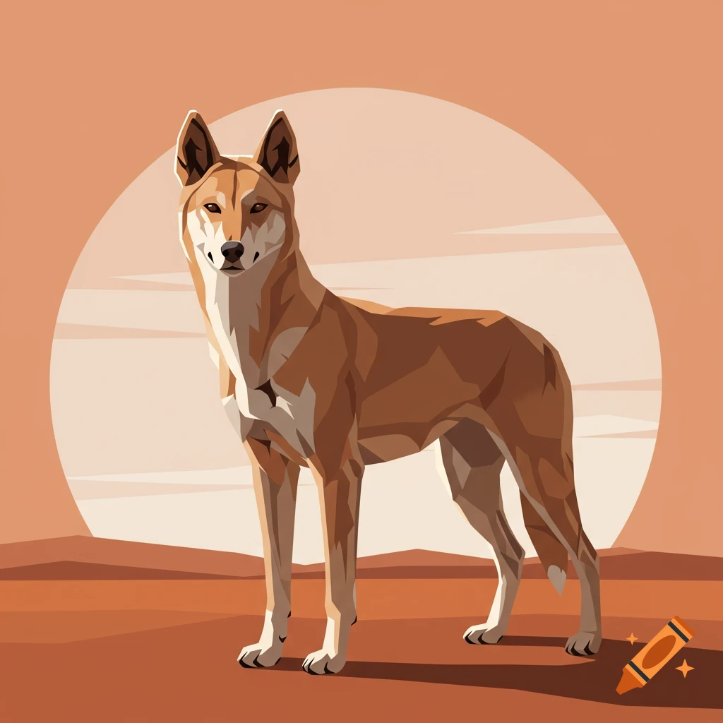 A stylized vector illustration of a dingo standing in a desert landscape with a large sun in the background.