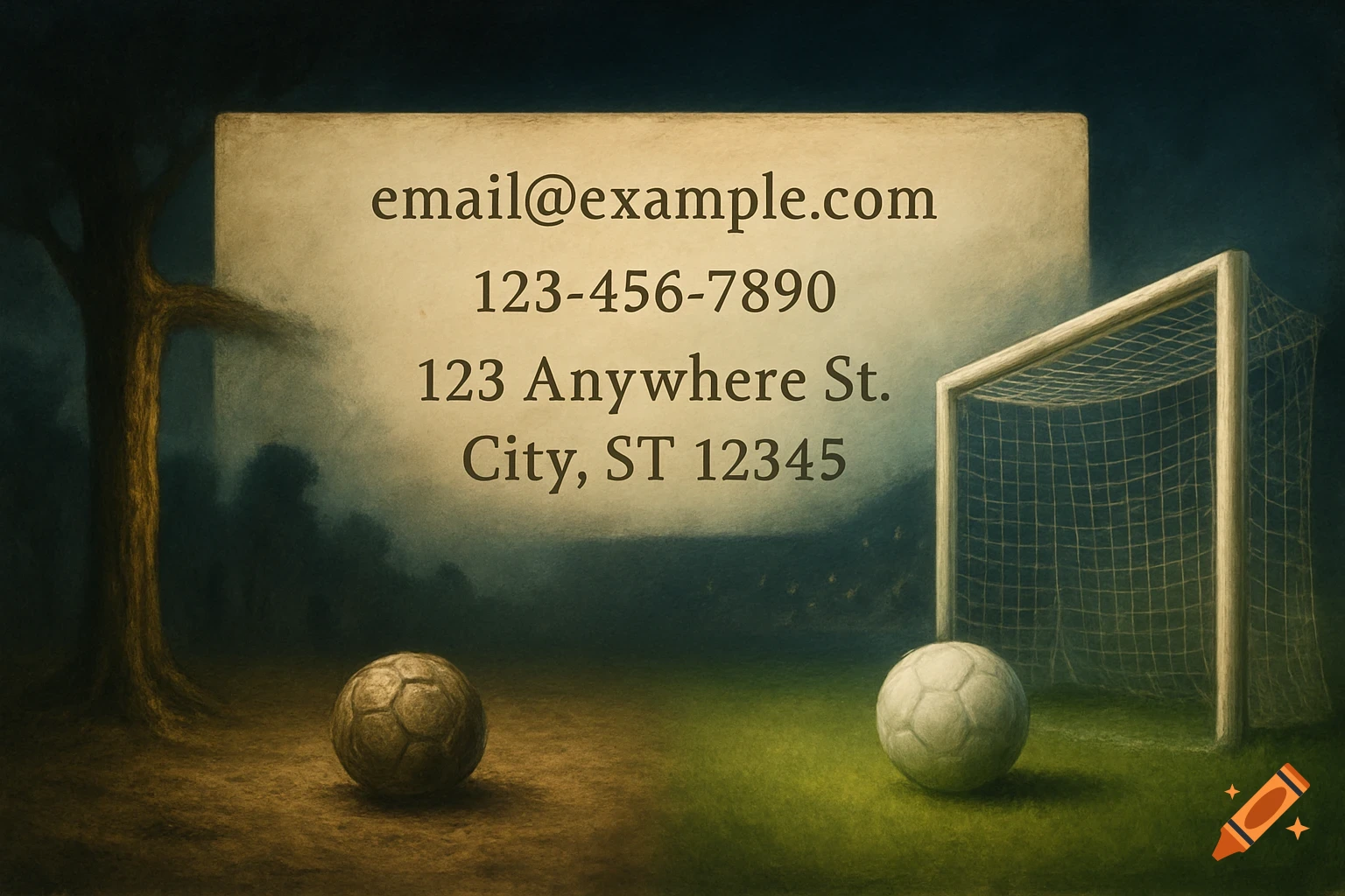 A dreamlike painting of a soccer field at night. A business card with contact information floats above two soccer balls, one rustic, one clean, transitioning from a tree to a goal post.