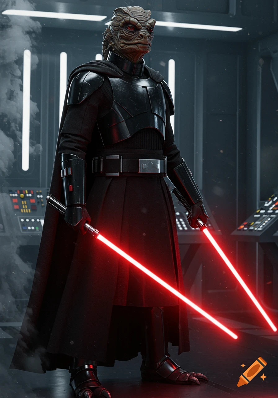 A humanoid alien in black armored clothing, holding two red lightsabers, stands in a dark, futuristic Star Wars-style interior.
