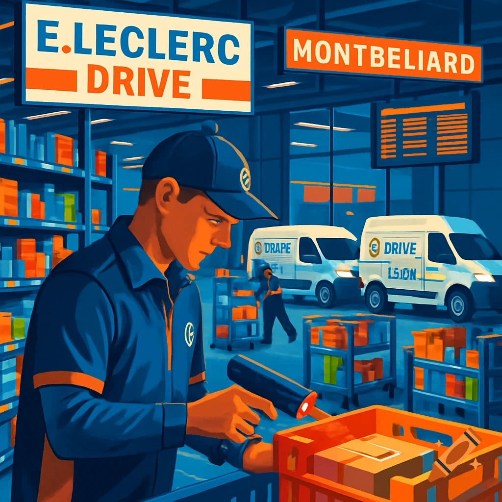 An illustration of a worker in a blue uniform scanning a package in a warehouse, with delivery vans and shelves in the background, text signs above.