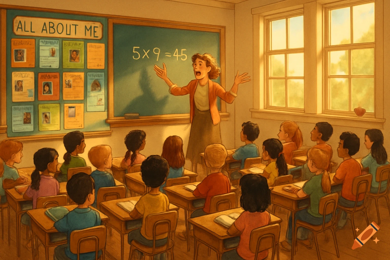 An illustration of a teacher explaining math at a chalkboard to a diverse group of elementary students in a bright classroom.