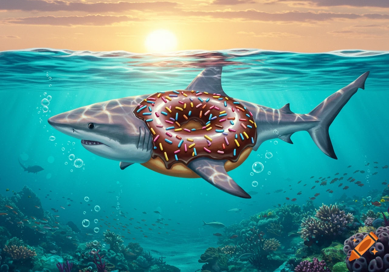 A shark with a chocolate donut around its body swims underwater near a coral reef at sunset.