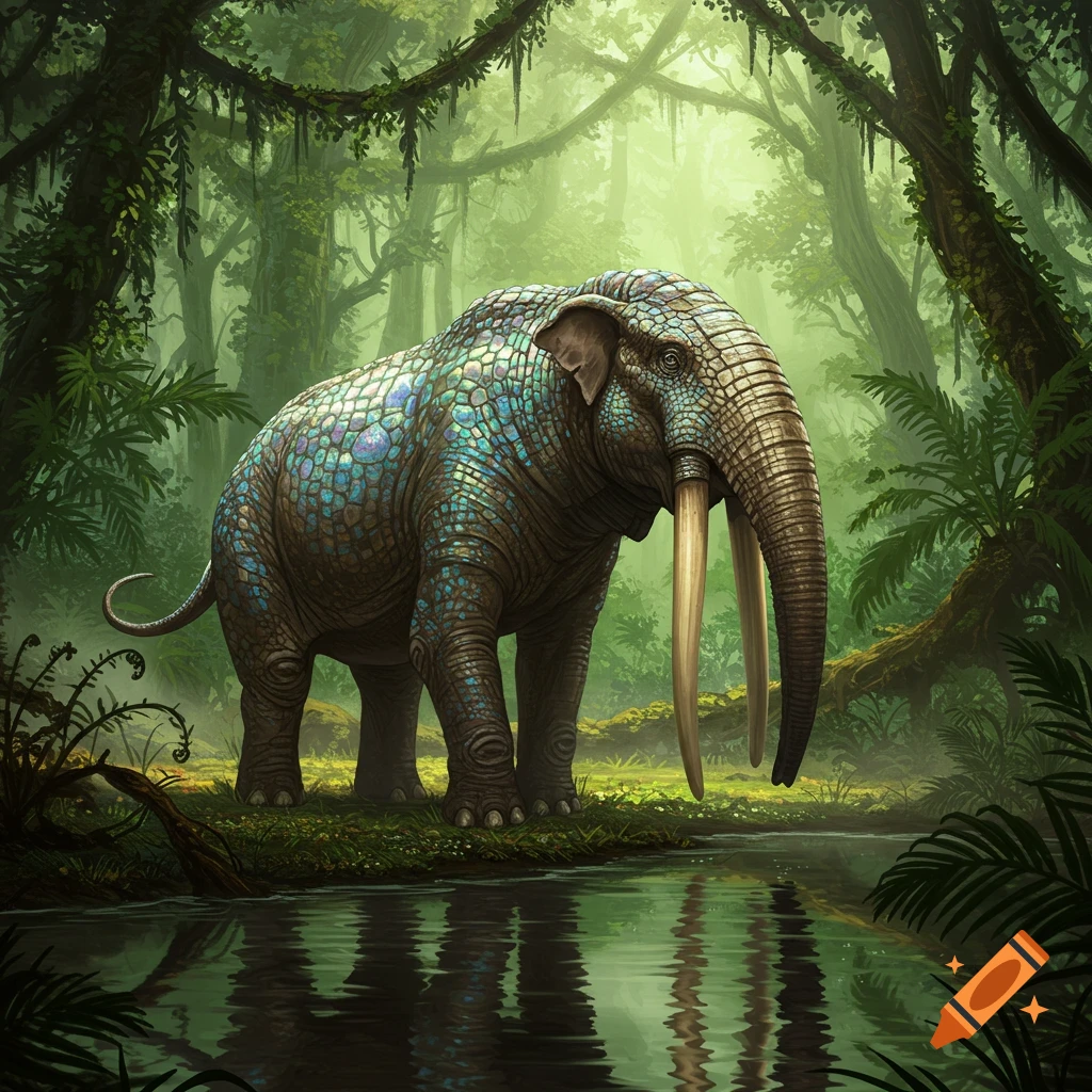 A scaled deinotherium with long tusks stands by a reflective jungle pool in a misty forest.