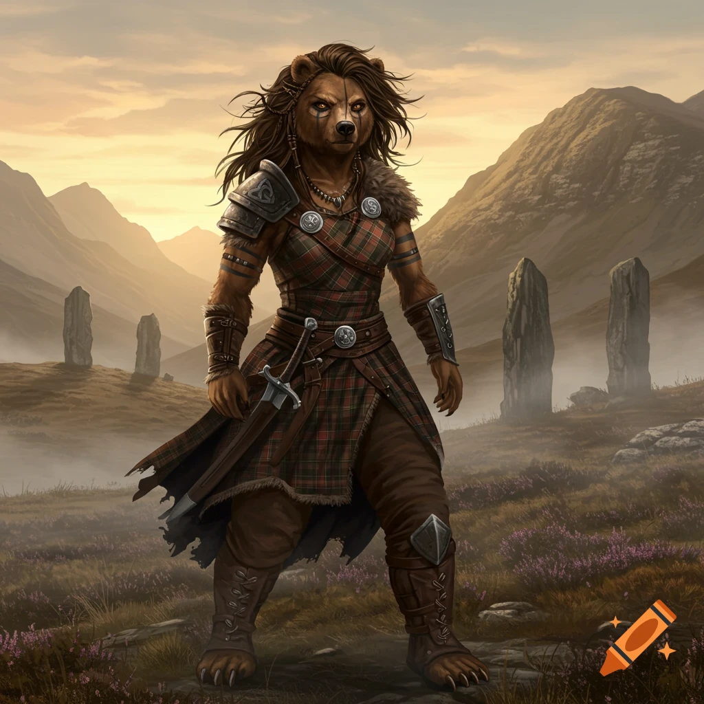 A brown-furred bugbear woman in Scottish tartan and armor stands in a misty, hilly landscape with ancient standing stones.