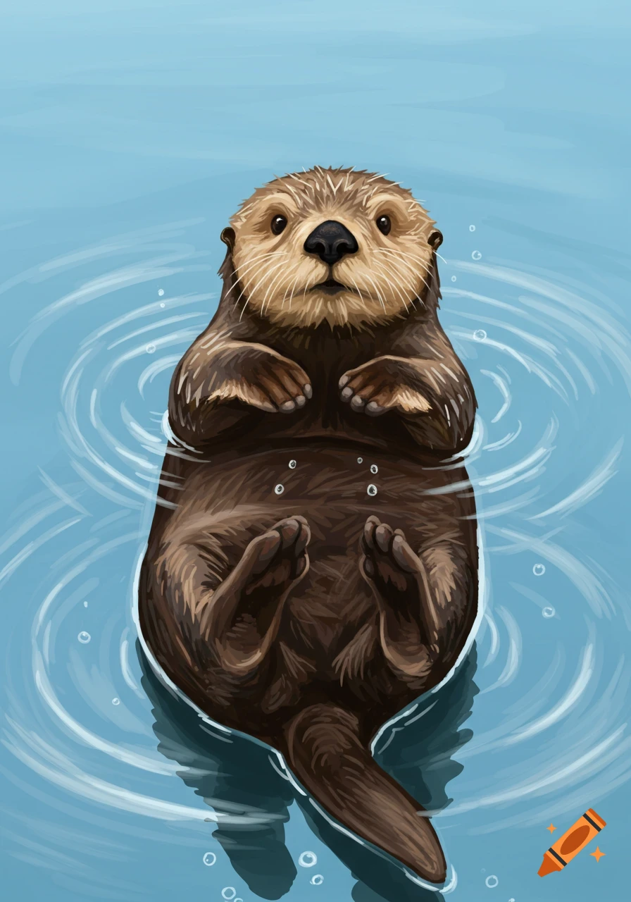 Digital illustration of a cute otter floating on its back in calm blue water, looking up at the viewer.