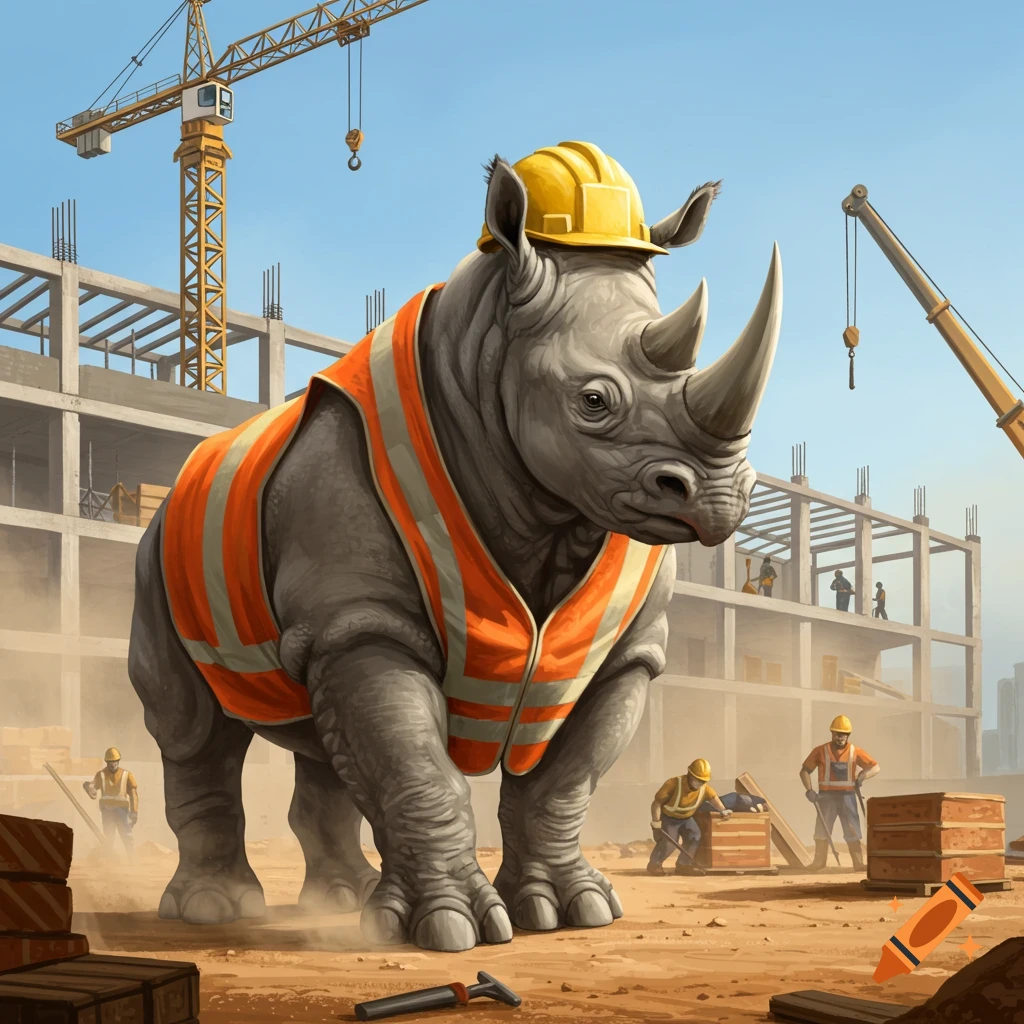 A photorealistic rhinoceros wearing a yellow hard hat and orange safety vest stands on a dusty construction site with cranes and buildings.