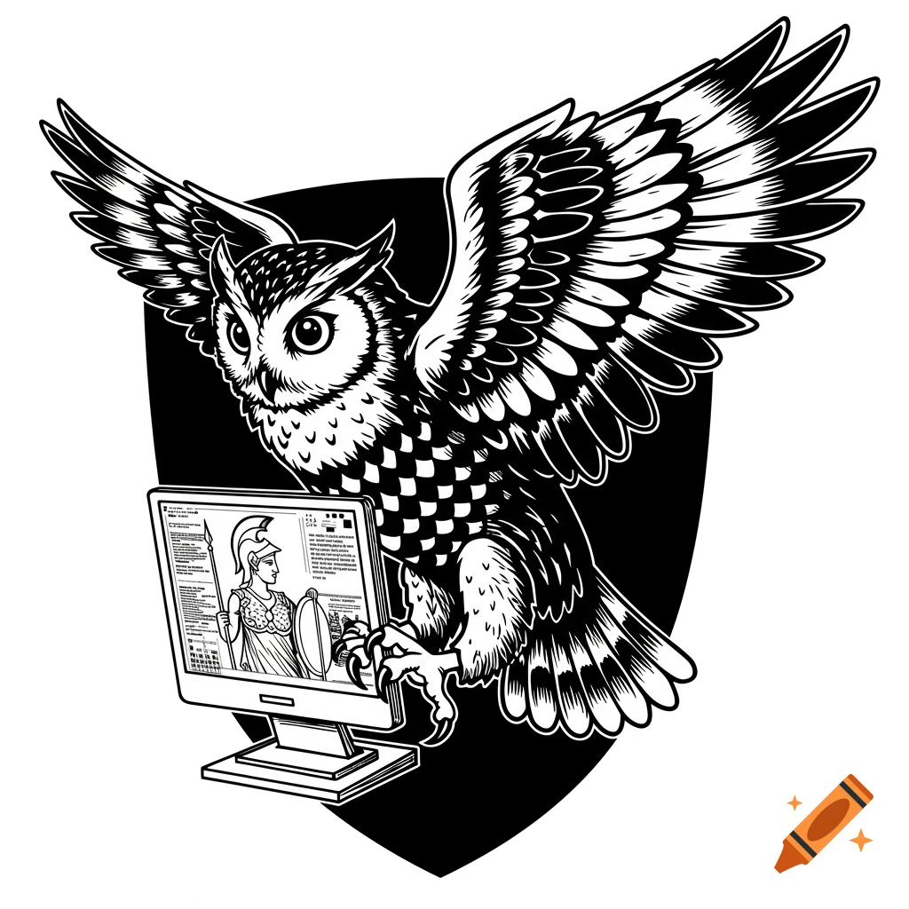 Black and white heraldic illustration of a landing owl with spread wings, gripping a computer monitor displaying Athena, all against a dark shield background.