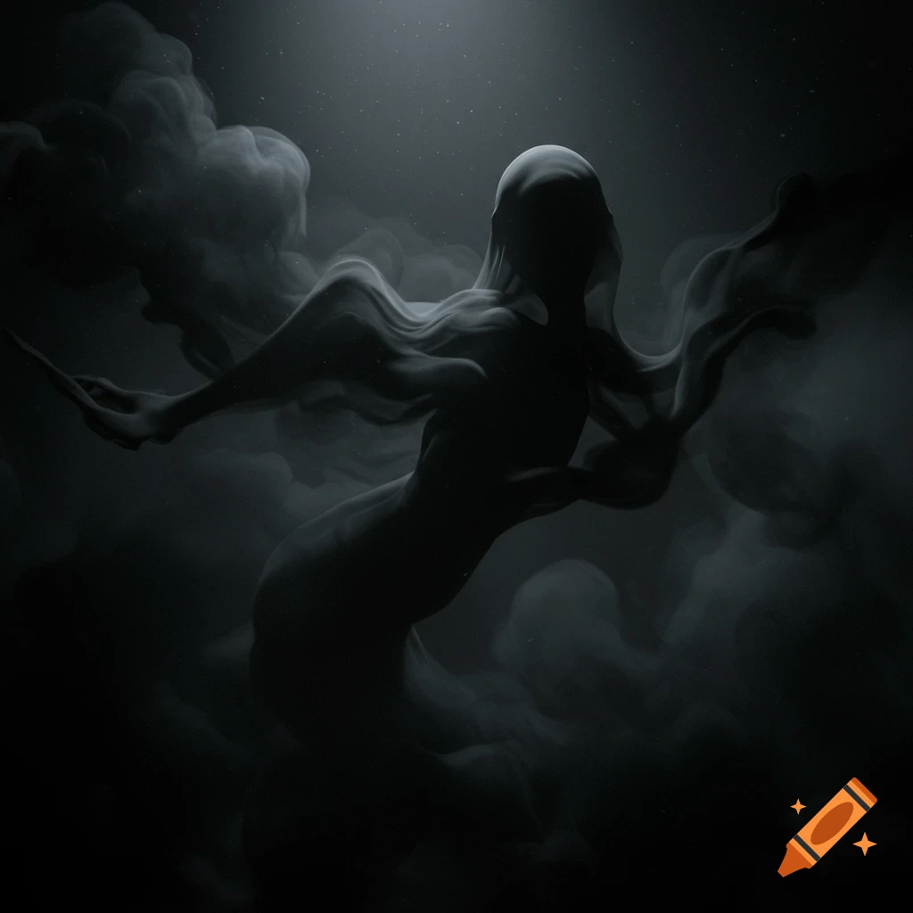 Abstract, eerie shadow figure made of dark swirling mist against a starry, monochromatic background.