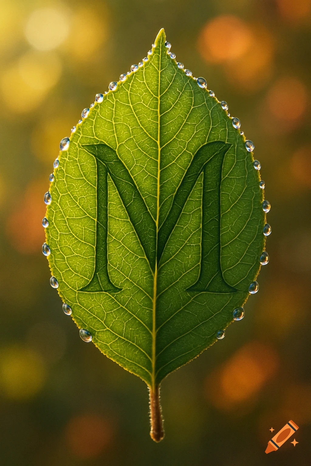 A detailed macro shot of a vibrant green leaf with the letter M etched into its surface, covered in glistening dew drops.