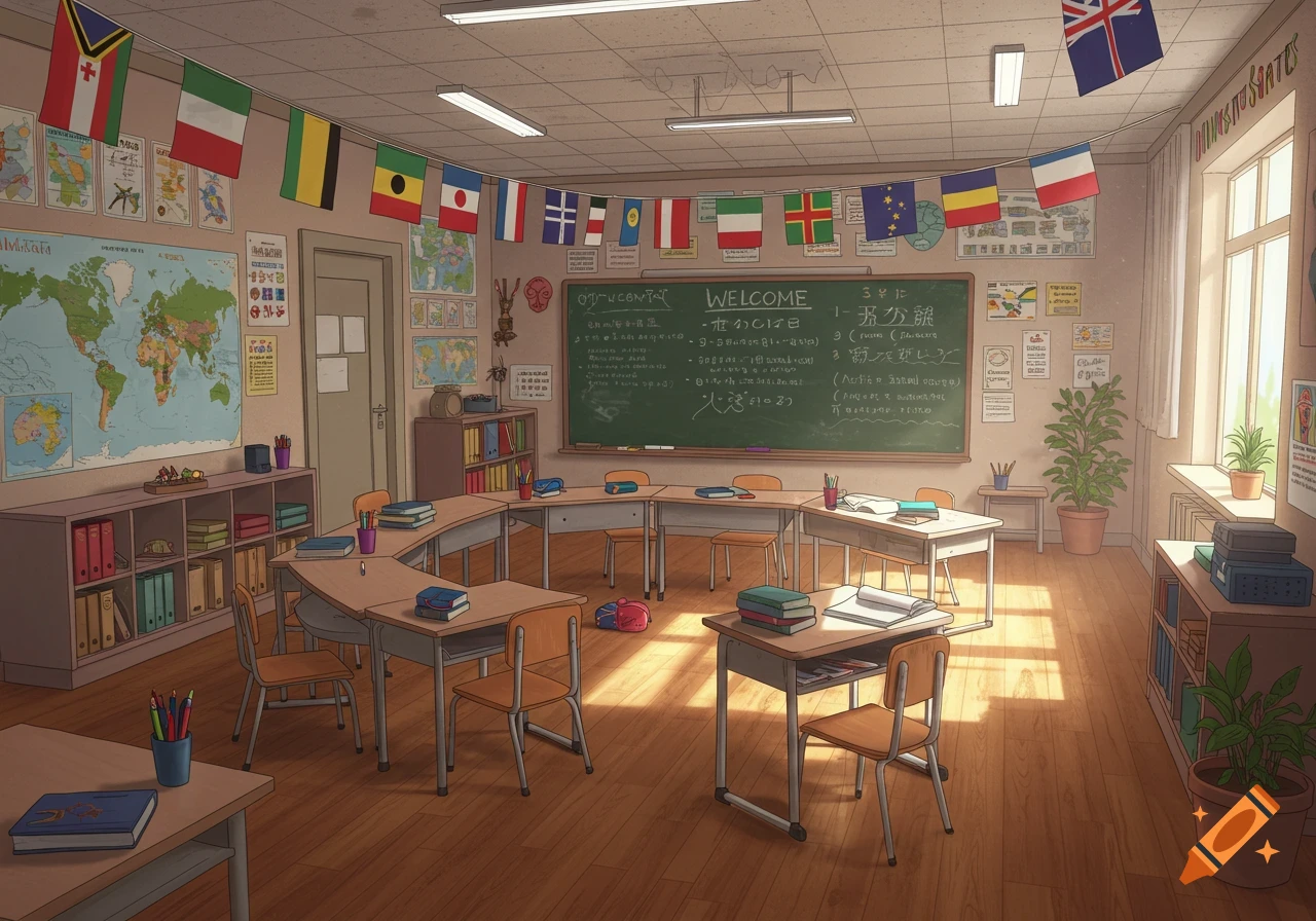 A welcoming classroom for English learners with desks, a world map on the wall, and international flags strung across the ceiling.
