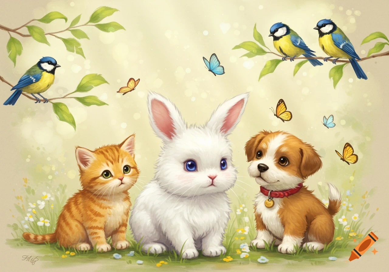 A cute illustration of a kitten, bunny, and puppy sitting in grass with birds on branches and butterflies flying around.