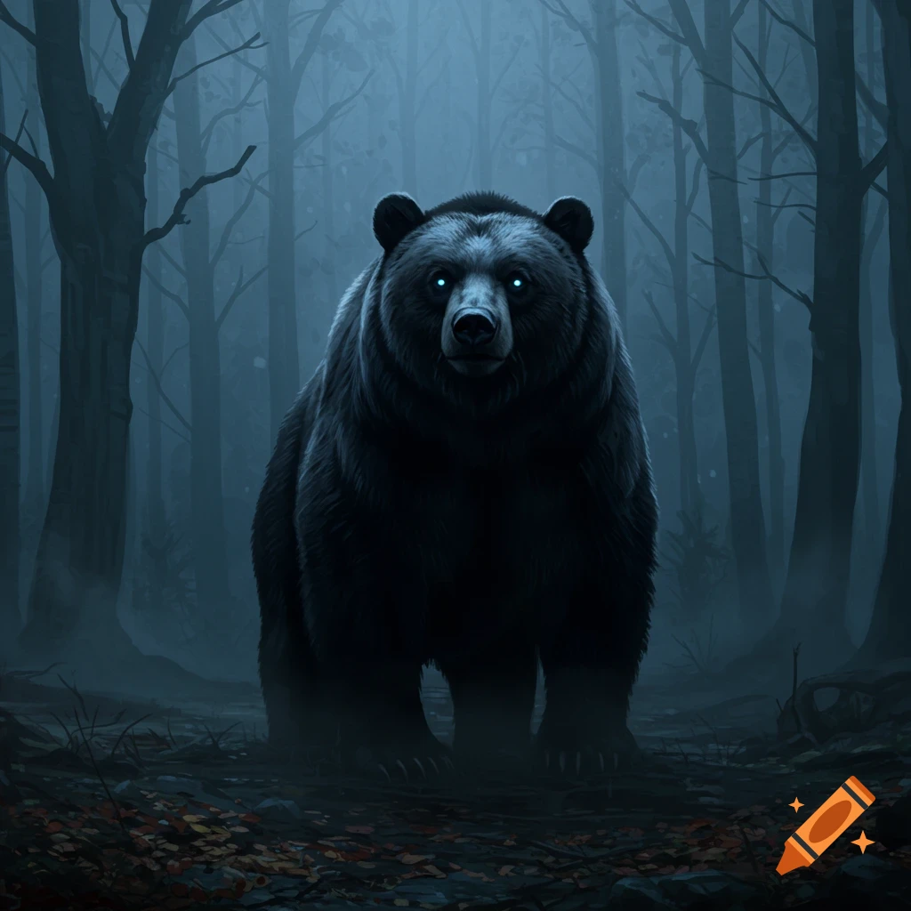 A large black bear with glowing blue eyes stands in a dark, misty forest, digital painting.