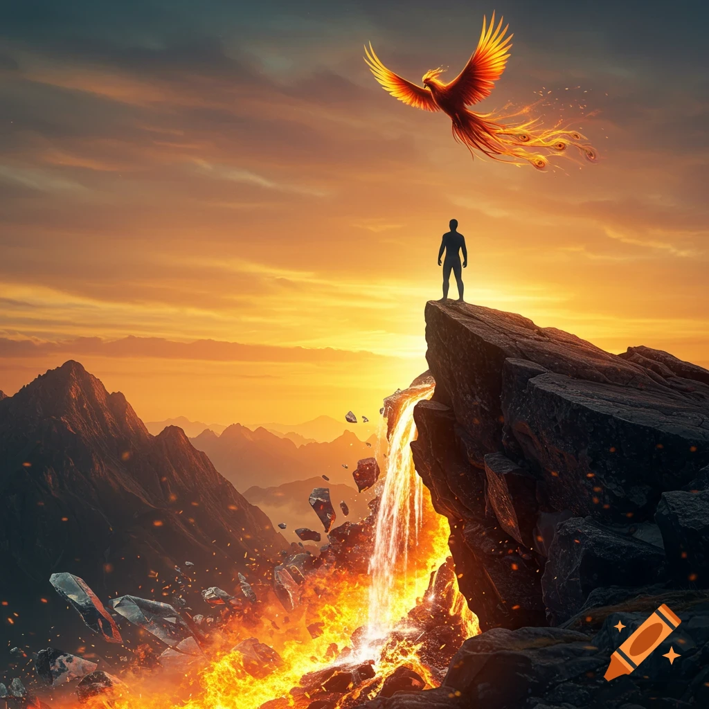 Silhouette of a person on a cliff above lava flow, watching a fiery phoenix fly against an orange sunset sky over mountains.