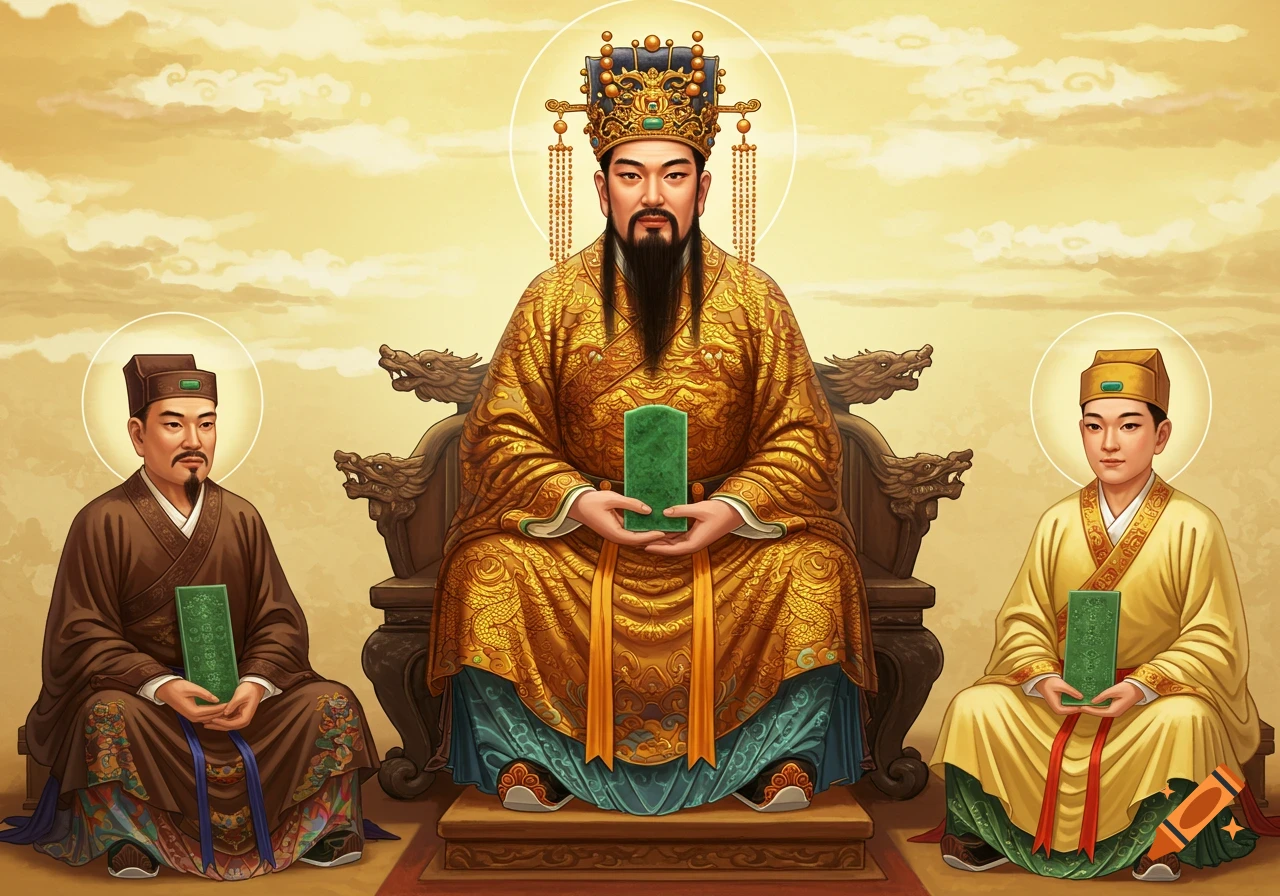 An illustration of three Chinese deities or emperors. The central figure, presumably the Jade Emperor, sits on a dragon throne, wearing a golden robe and crown, holding a green jade tablet. Two smaller figures, Nam Tào and Bắc Đẩu, sit on either side, also holding jade tablets, against a golden, cloudy sky with halos.