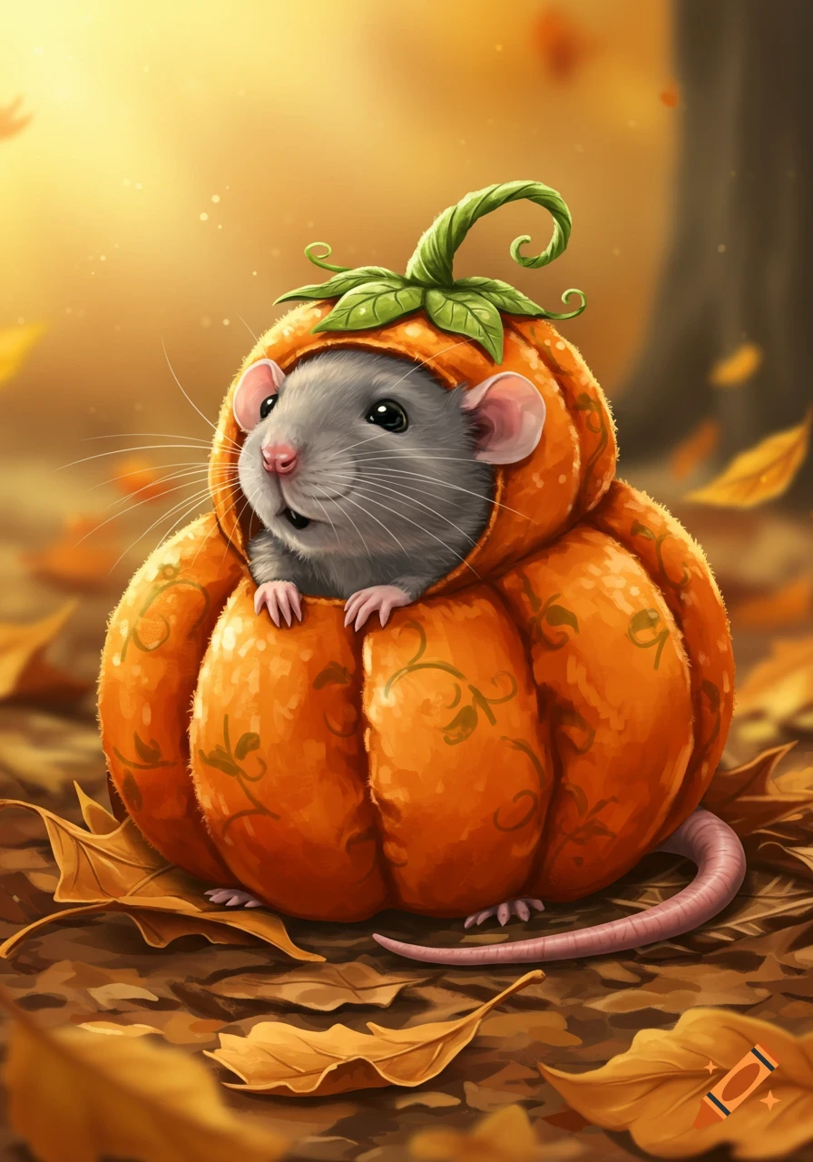 A cute grey rat with large ears and whiskers peeks out of an orange pumpkin costume, surrounded by autumn leaves.