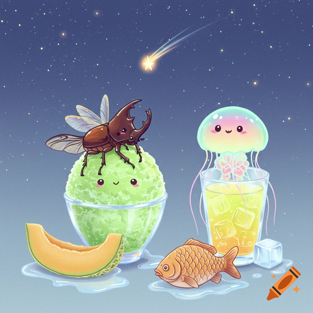 Kawaii cartoon illustration of a beetle on green shaved ice, a jellyfish in a drink, melon, fish, and ice under a starry night with a shooting star.