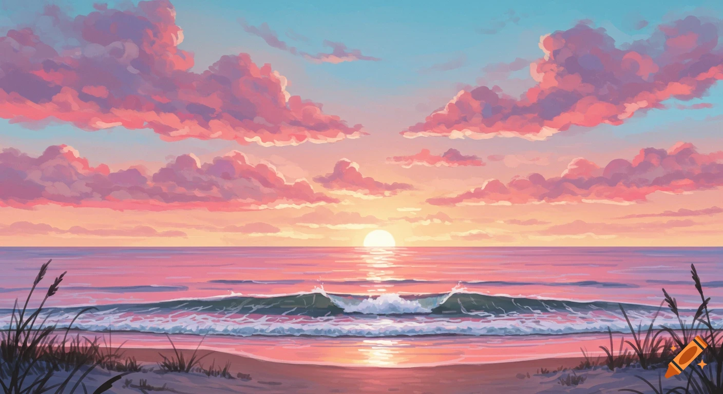 A vibrant painted ocean sunset with pink and orange clouds, a bright sun on the horizon, and gentle waves on a sandy beach.