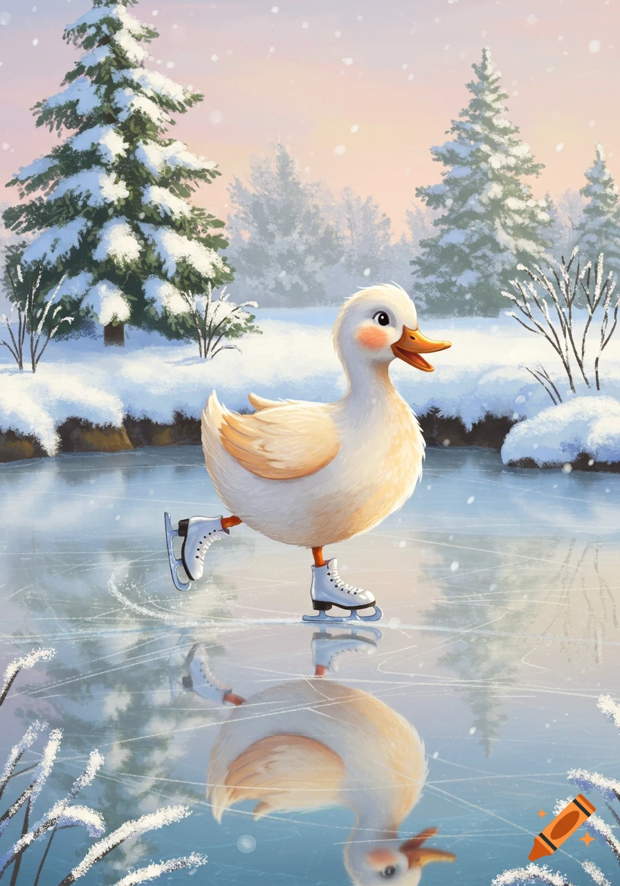 A cute, cartoonish white duck with pink cheeks ice skates on a frozen pond in a snowy winter landscape with pine trees.