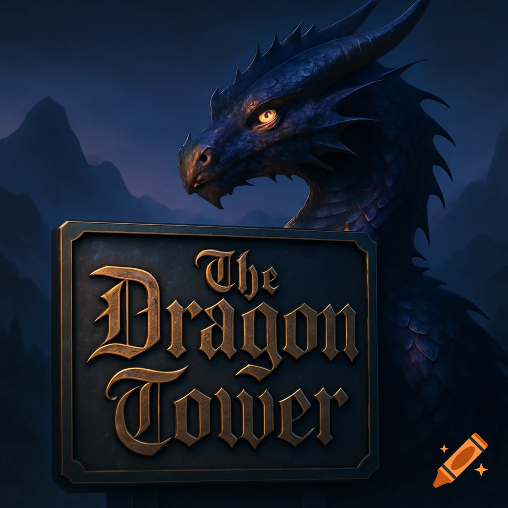 A dark blue dragon with gold eyes peers over a vintage sign reading 'The Dragon Tower' against a mountainous background.