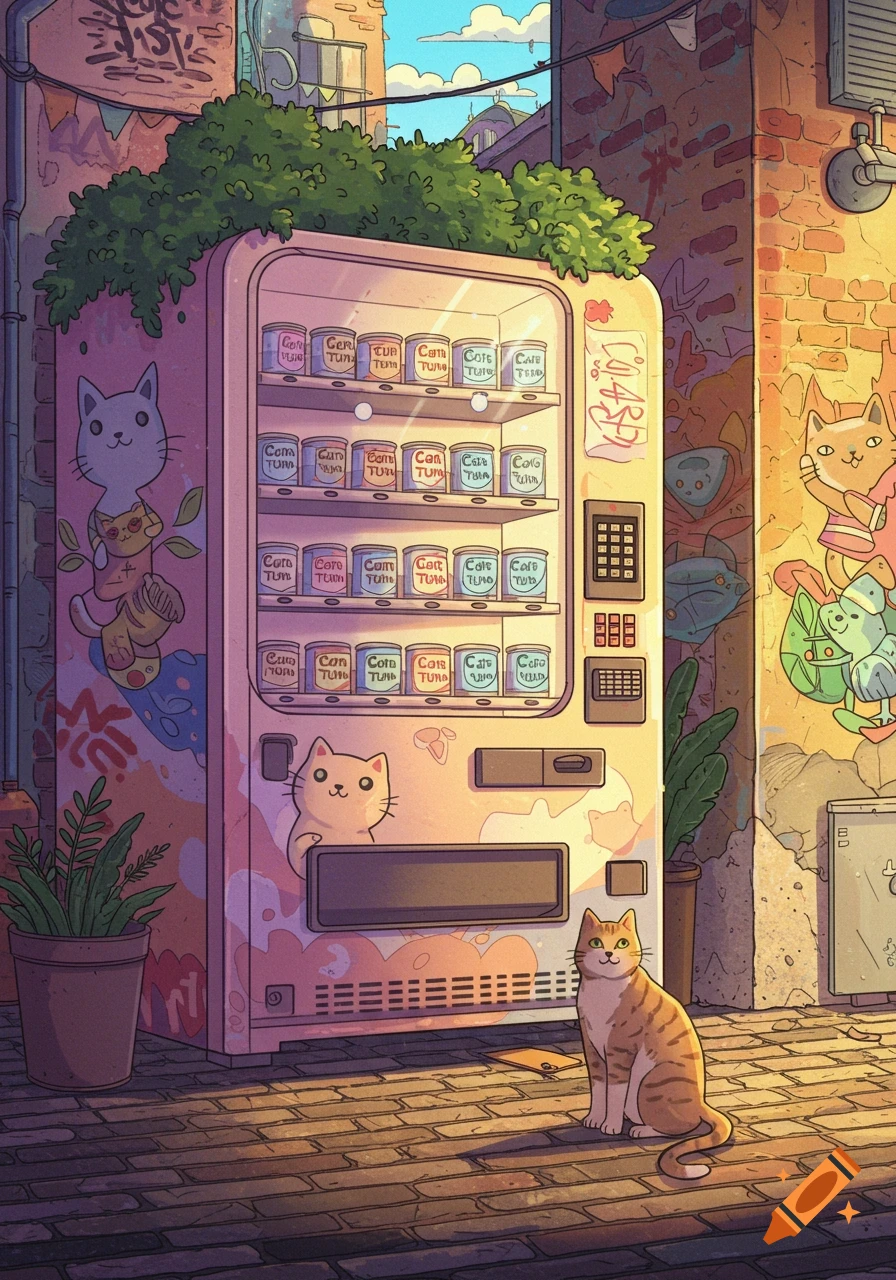 A cartoon illustration of an orange cat sitting in an alleyway next to a pink vending machine stocked with tuna cans, with graffiti on the walls.