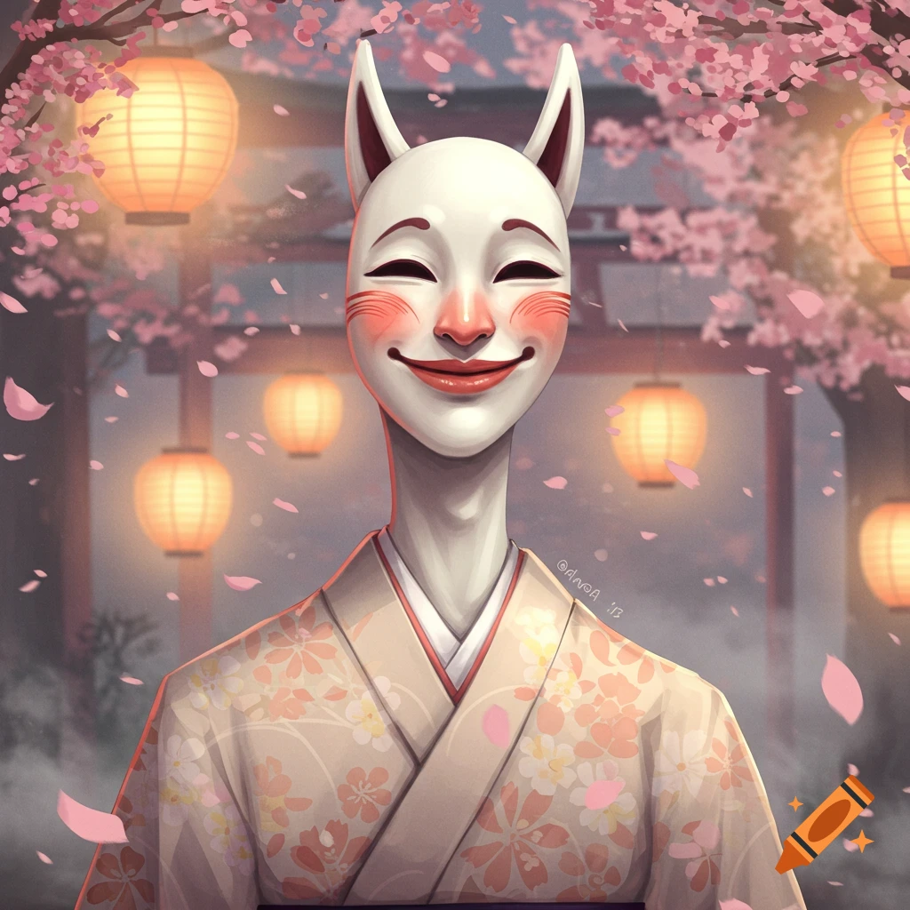 Stylized illustration of a person in a white animal mask and kimono under pink cherry blossoms and lanterns.