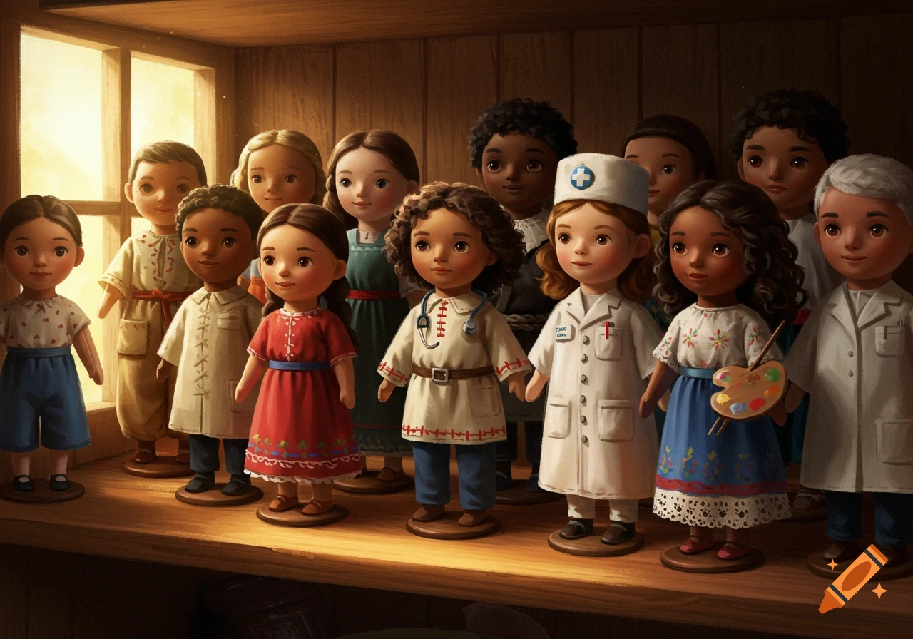 A group of diverse, stylized dolls representing various occupations and cultures stand on a wooden shelf, bathed in warm light.